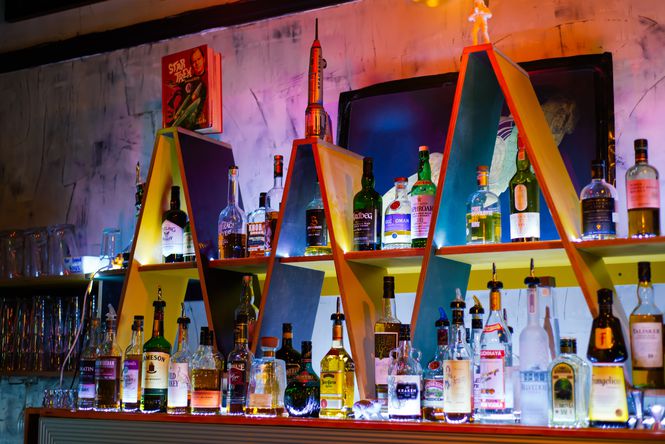 Liquor bottles behind the bar at Moon.