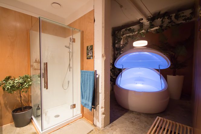 A float tank and shower inside Tory Urban Retreat.