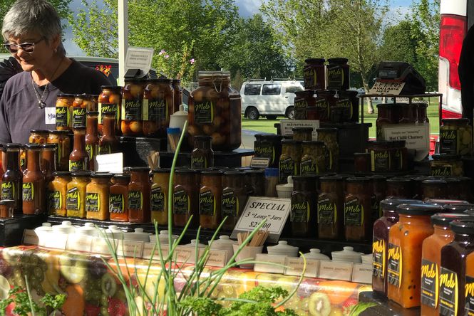 Honey on display at a market.